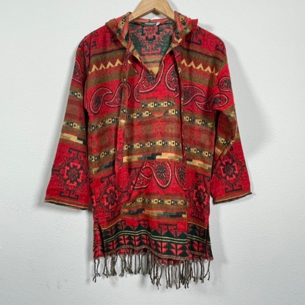 Earthbound Trading Co Hooded‎ Poncho Women S Red Hippie Boho Paisley Fringe